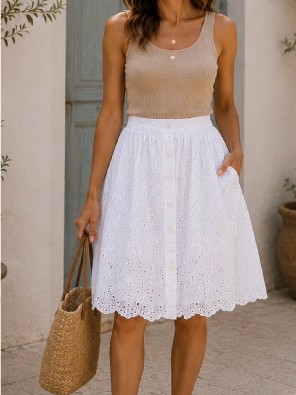 Studio 94 White Eyelet Button-Front Embroidered Midi Skirt Size S/M